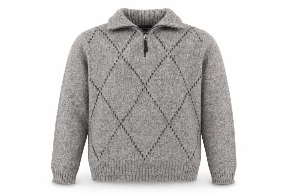 Rodes Sportswear Men's Grey Argyle Wool Blend 1/4 Zip Jumper M