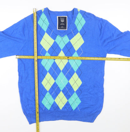 GANT Men's Blue Argyle V-Neck Cotton Pullover Jumper Size M