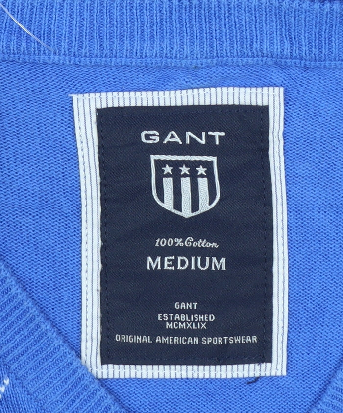 GANT Men's Blue Argyle V-Neck Cotton Pullover Jumper Size M