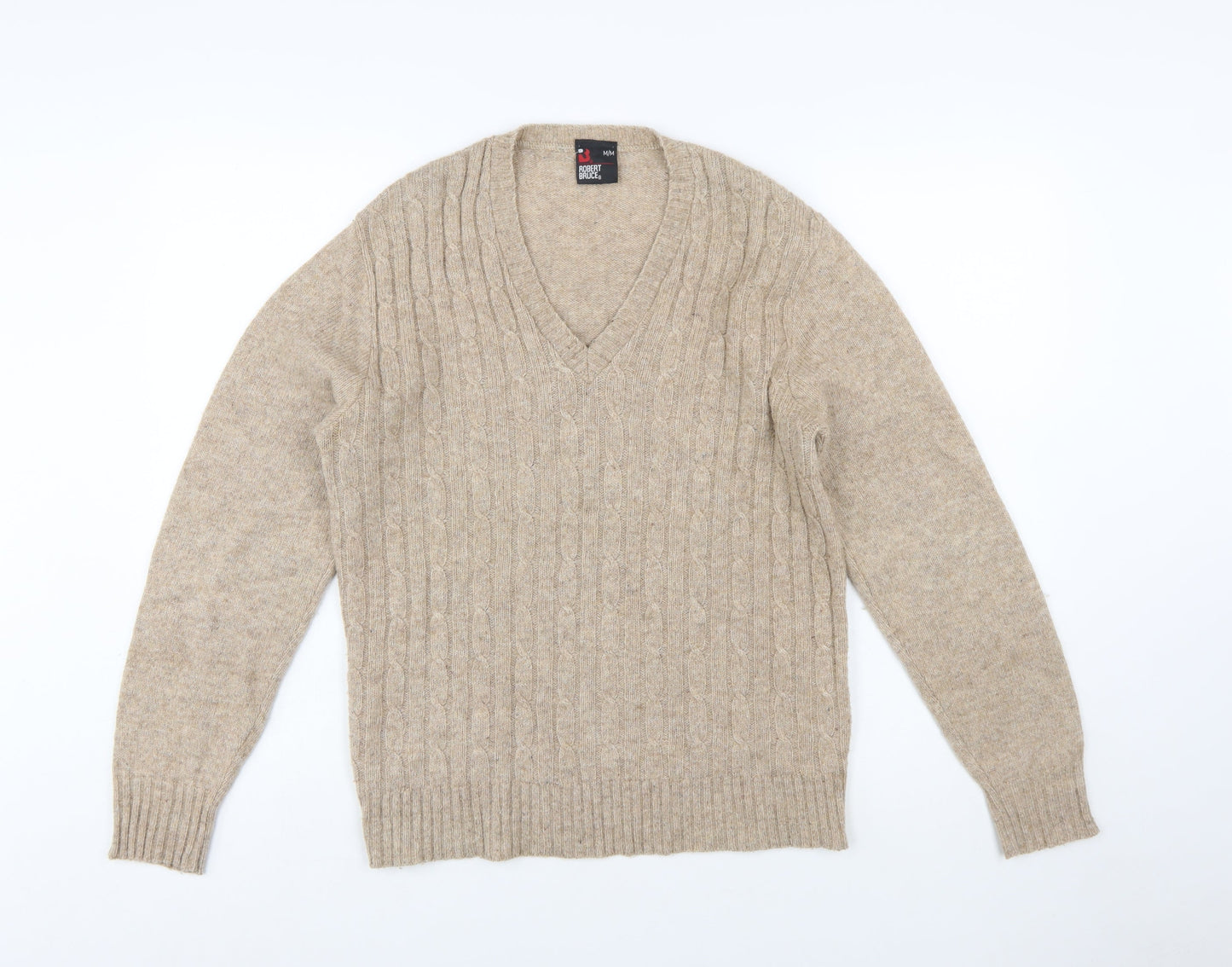 Robert Bruce Men's Beige Wool V-Neck Cable Knit Jumper M