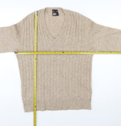 Robert Bruce Men's Beige Wool V-Neck Cable Knit Jumper M
