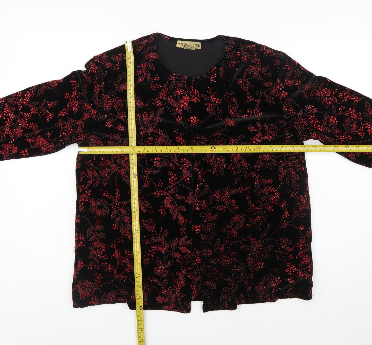 Notations Womens Black Red Velvet Floral Long Sleeve Tunic Blouse L