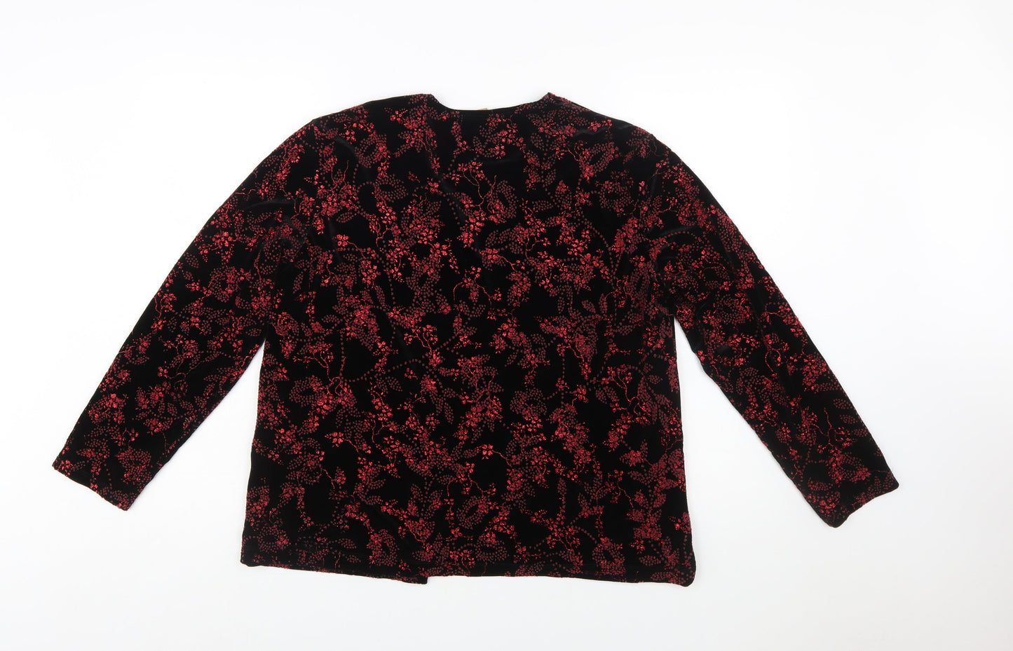 Notations Womens Black Red Velvet Floral Long Sleeve Tunic Blouse L
