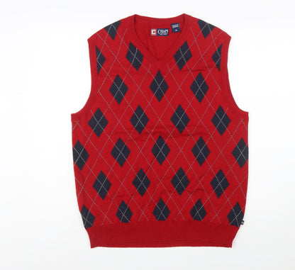 Chaps Men's Red Argyle V-Neck Cotton Sleeveless Vest Jumper Size M