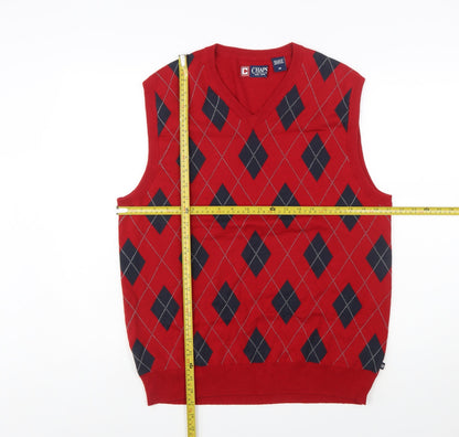 Chaps Men's Red Argyle V-Neck Cotton Sleeveless Vest Jumper Size M