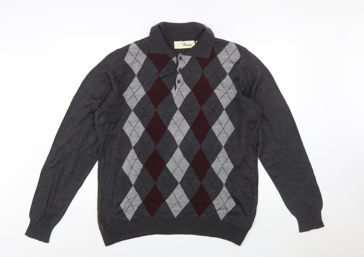 Penmans Men's Grey Argyle Collared Henley Jumper Size M