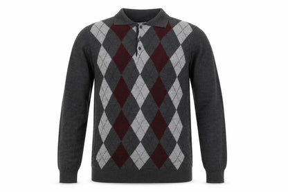 Penmans Men's Grey Argyle Collared Henley Jumper Size M