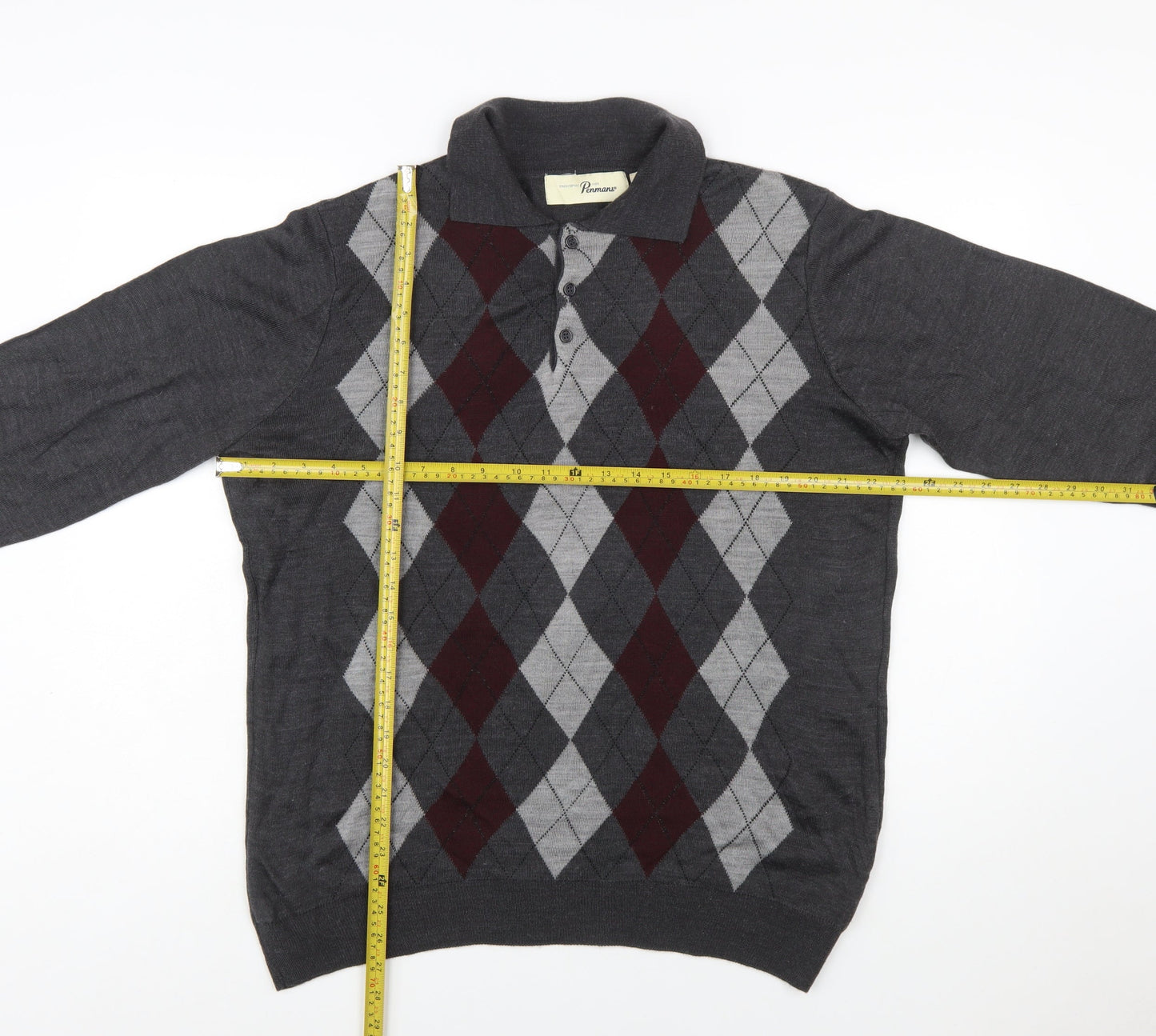 Penmans Men's Grey Argyle Collared Henley Jumper Size M