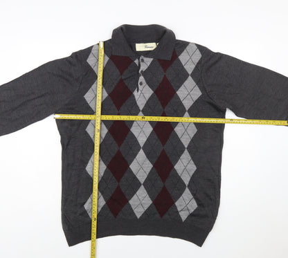 Penmans Men's Grey Argyle Collared Henley Jumper Size M