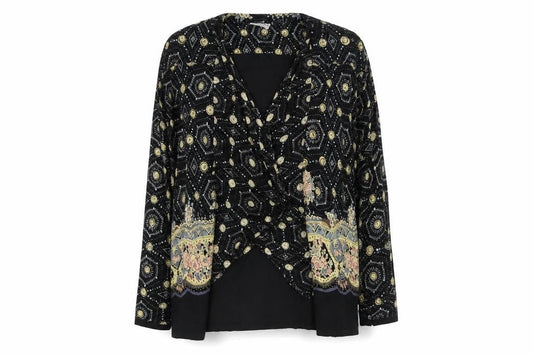 Nouveau Monde Womens Black Bohemian Wrap Blouse Size L Rayon