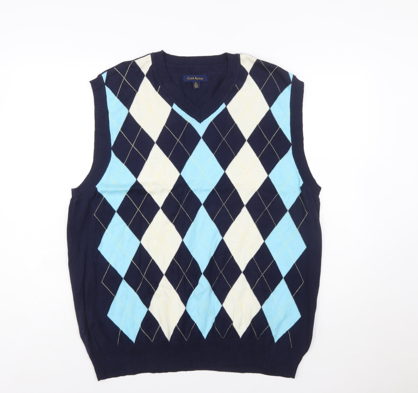 Club Room Men's Blue Argyle Cotton V-Neck Sweater Vest XL