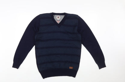 Teknotex Men's Blue V-Neck Geometric Knit Jumper Size L