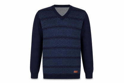 Teknotex Men's Blue V-Neck Geometric Knit Jumper Size L