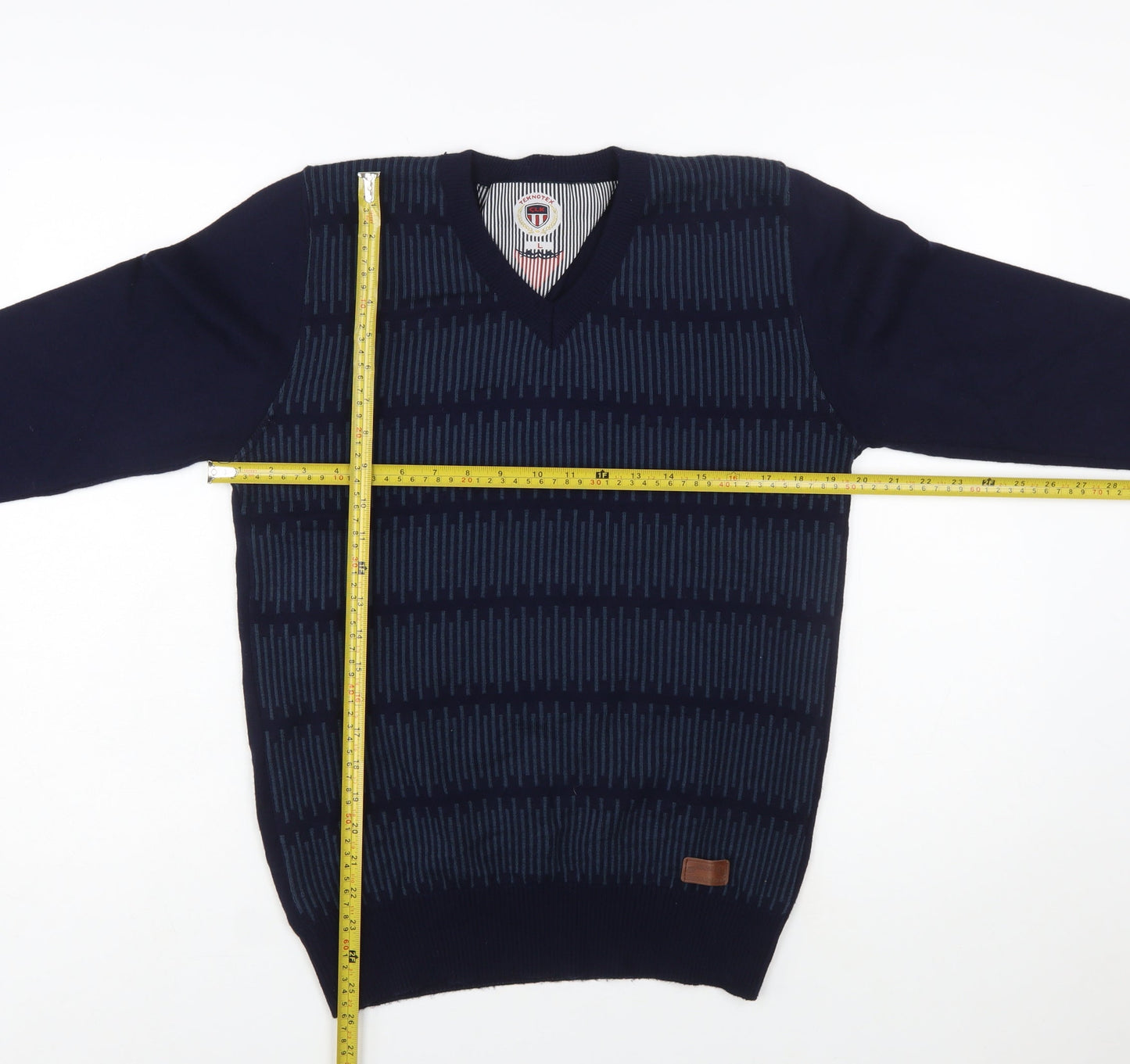 Teknotex Men's Blue V-Neck Geometric Knit Jumper Size L