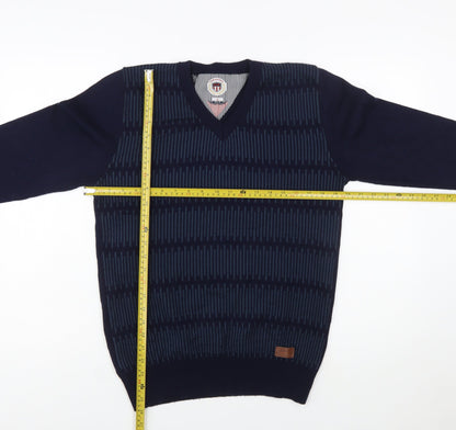 Teknotex Men's Blue V-Neck Geometric Knit Jumper Size L