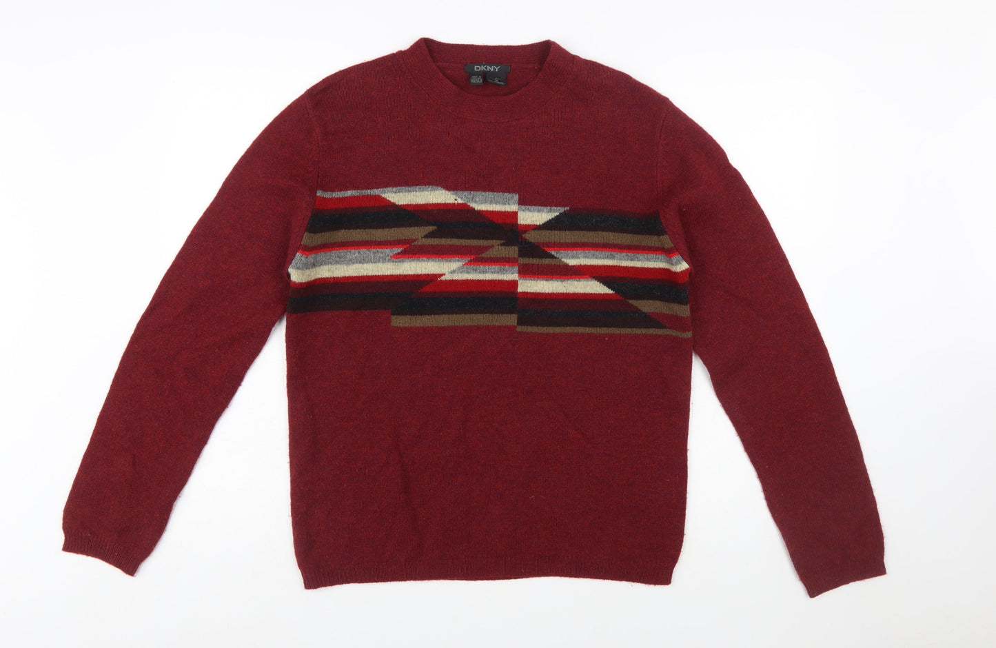 DKNY Men's Red Lambswool Geometric Crew Neck Jumper Size S
