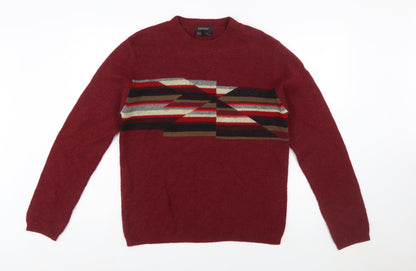 DKNY Men's Red Lambswool Geometric Crew Neck Jumper Size S