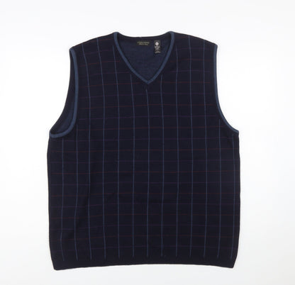 Cellini Men Blue Pure Wool Checked V-Neck Vest L