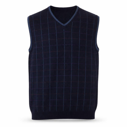 Cellini Men Blue Pure Wool Checked V-Neck Vest L
