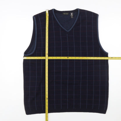 Cellini Men Blue Pure Wool Checked V-Neck Vest L