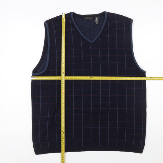 Cellini Men Blue Pure Wool Checked V-Neck Vest L