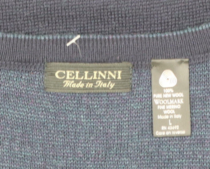 Cellini Men Blue Pure Wool Checked V-Neck Vest L