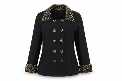 Studio C Women’s Black Leopard Trim Double-Breasted Blazer Size 10