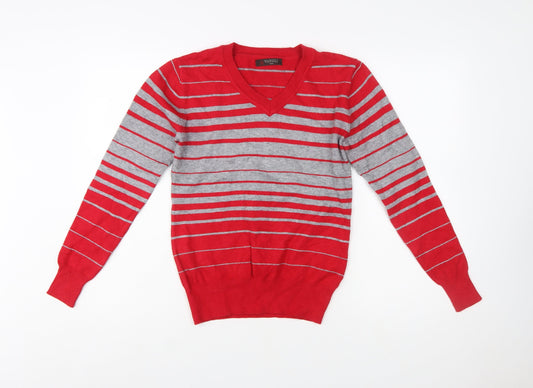 Wansili Women's Red Grey Striped V-Neck Knit Jumper M
