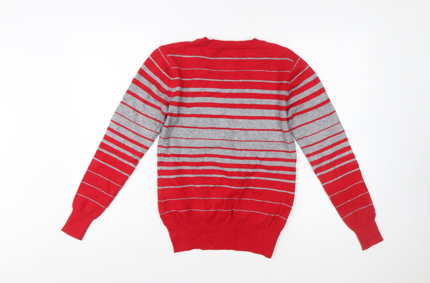 Wansili Women's Red Grey Striped V-Neck Knit Jumper M