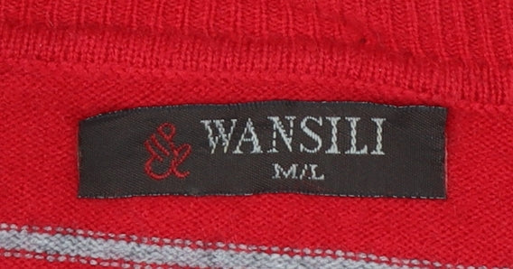 Wansili Women's Red Grey Striped V-Neck Knit Jumper M