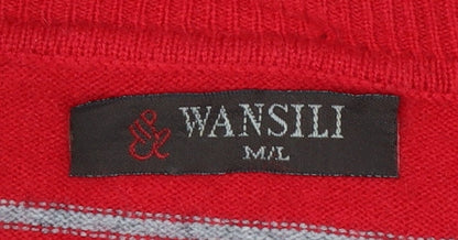 Wansili Women's Red Grey Striped V-Neck Knit Jumper M