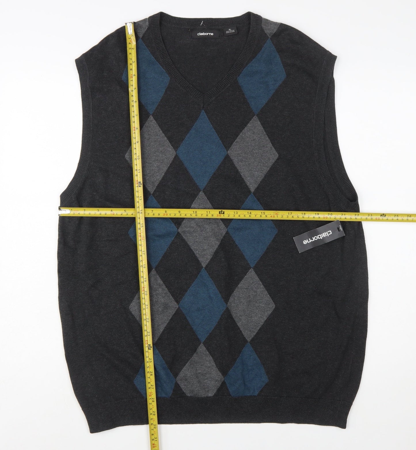 Claiborne Men's Grey Argyle Knit Cotton Sleeveless V-Neck Vest XL