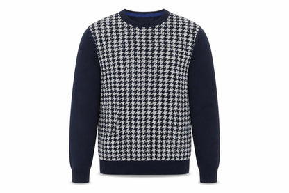Nautica Men Blue Houndstooth Cotton Crew Neck Pullover Jumper Size L