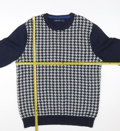 Nautica Men Blue Houndstooth Cotton Crew Neck Pullover Jumper Size L