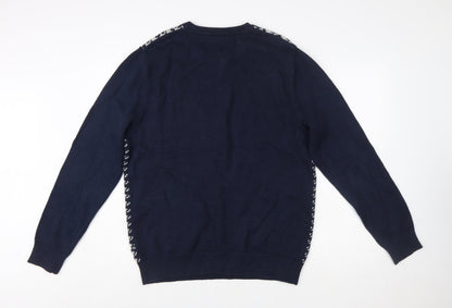Nautica Men Blue Houndstooth Cotton Crew Neck Pullover Jumper Size L