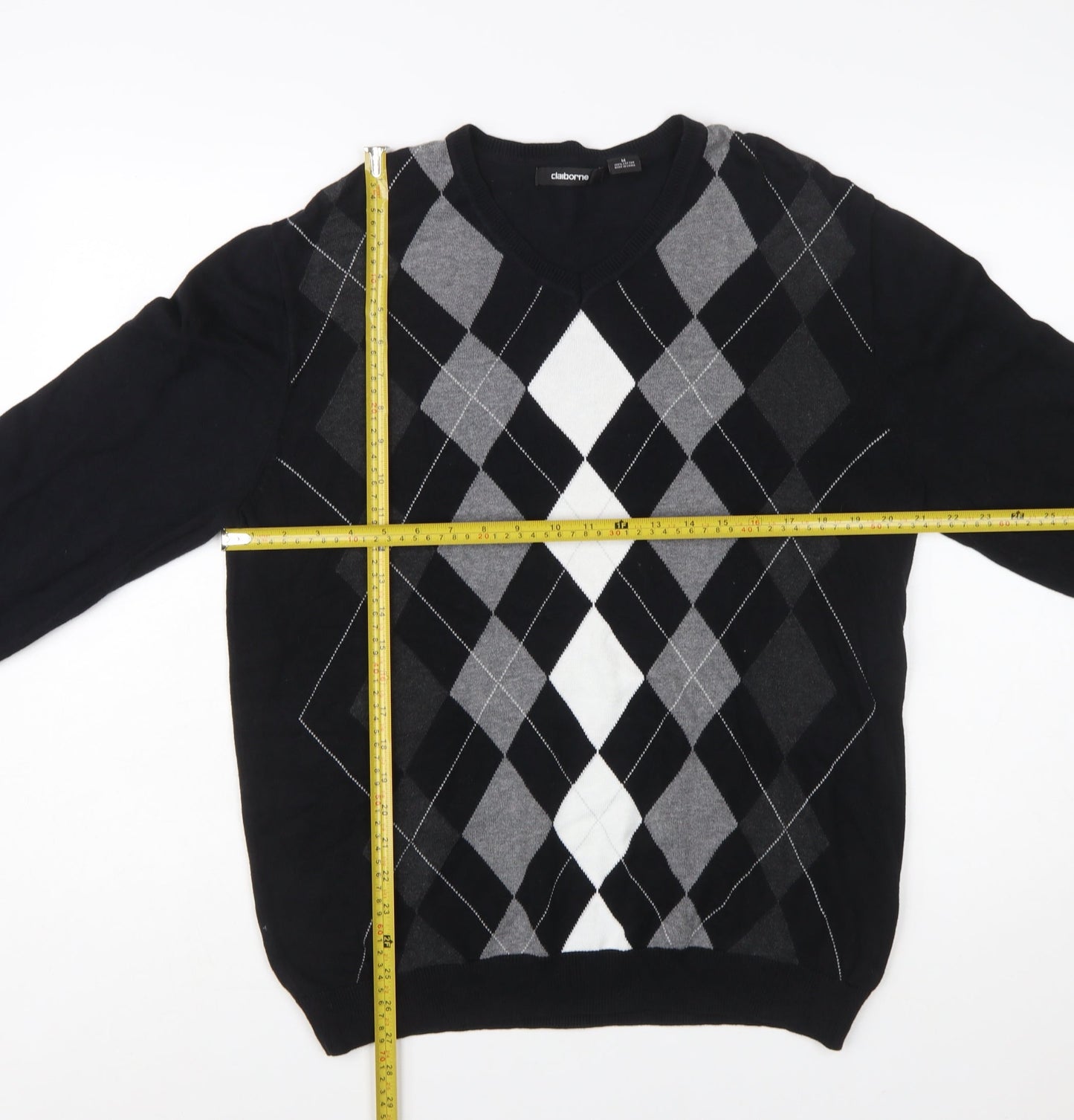 Claiborne Men's Black Argyle V-Neck Cotton Jumper Size M