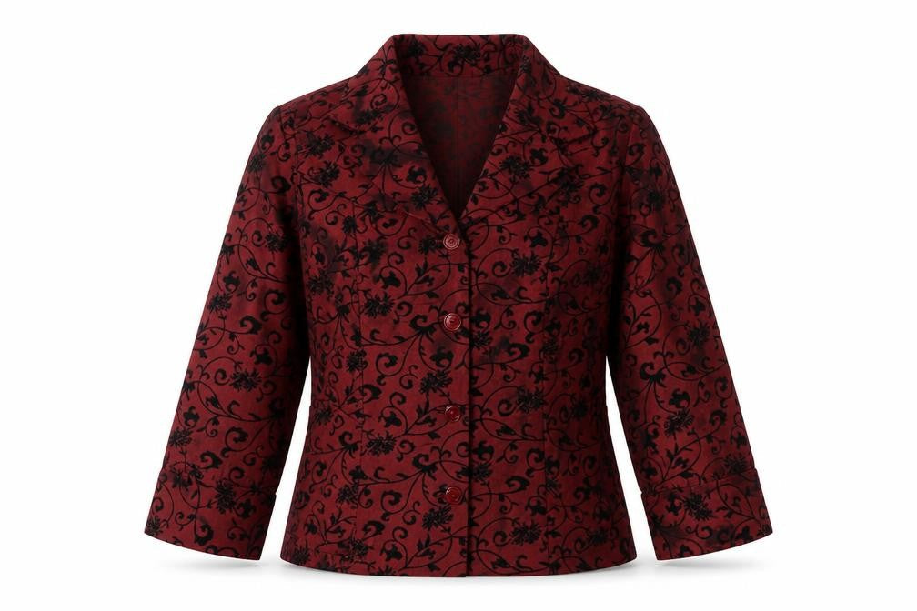Puli Womens Red Black Floral Velvet Blazer Size 6/36 Velvet Patterned Jacket