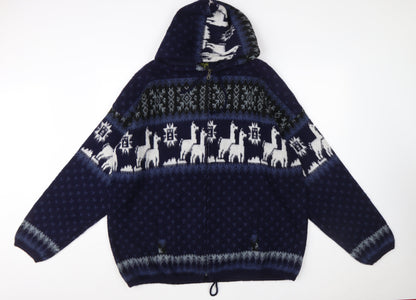 Rumiñahui Men Blue Alpaca Full Zip Hooded Llama Knit Jumper XL