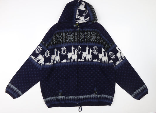 Rumiñahui Men Blue Alpaca Full Zip Hooded Llama Knit Jumper XL