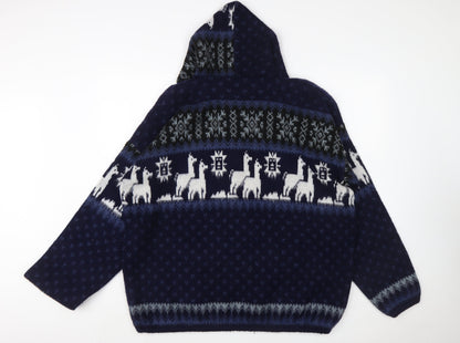 Rumiñahui Men Blue Alpaca Full Zip Hooded Llama Knit Jumper XL