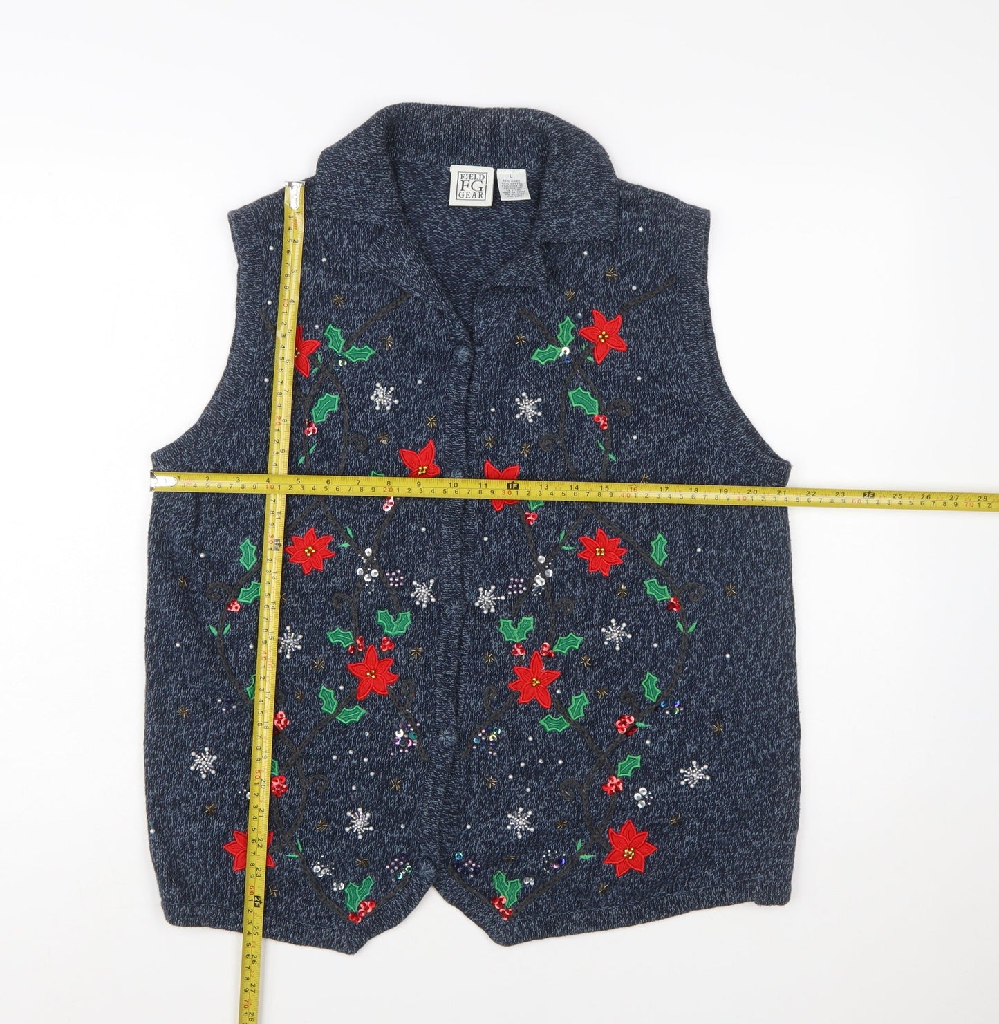 Field Gear Women's Blue Christmas Embroidered Knit Vest Size L