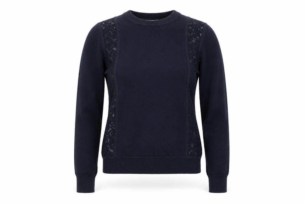 Reiss Women's Blue Lace Panel Cotton Cashmere Crew Neck Jumper XS