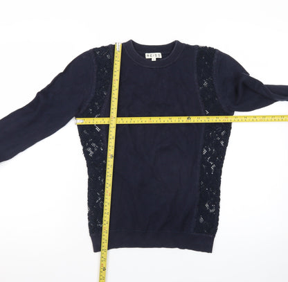 Reiss Women's Blue Lace Panel Cotton Cashmere Crew Neck Jumper XS