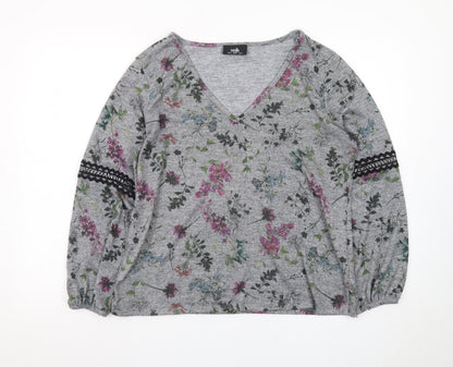 Wallis Women’s Grey Floral V-Neck Long Sleeve Tunic Blouse Size 14