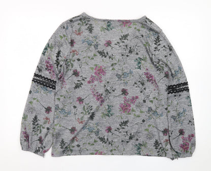 Wallis Women’s Grey Floral V-Neck Long Sleeve Tunic Blouse Size 14