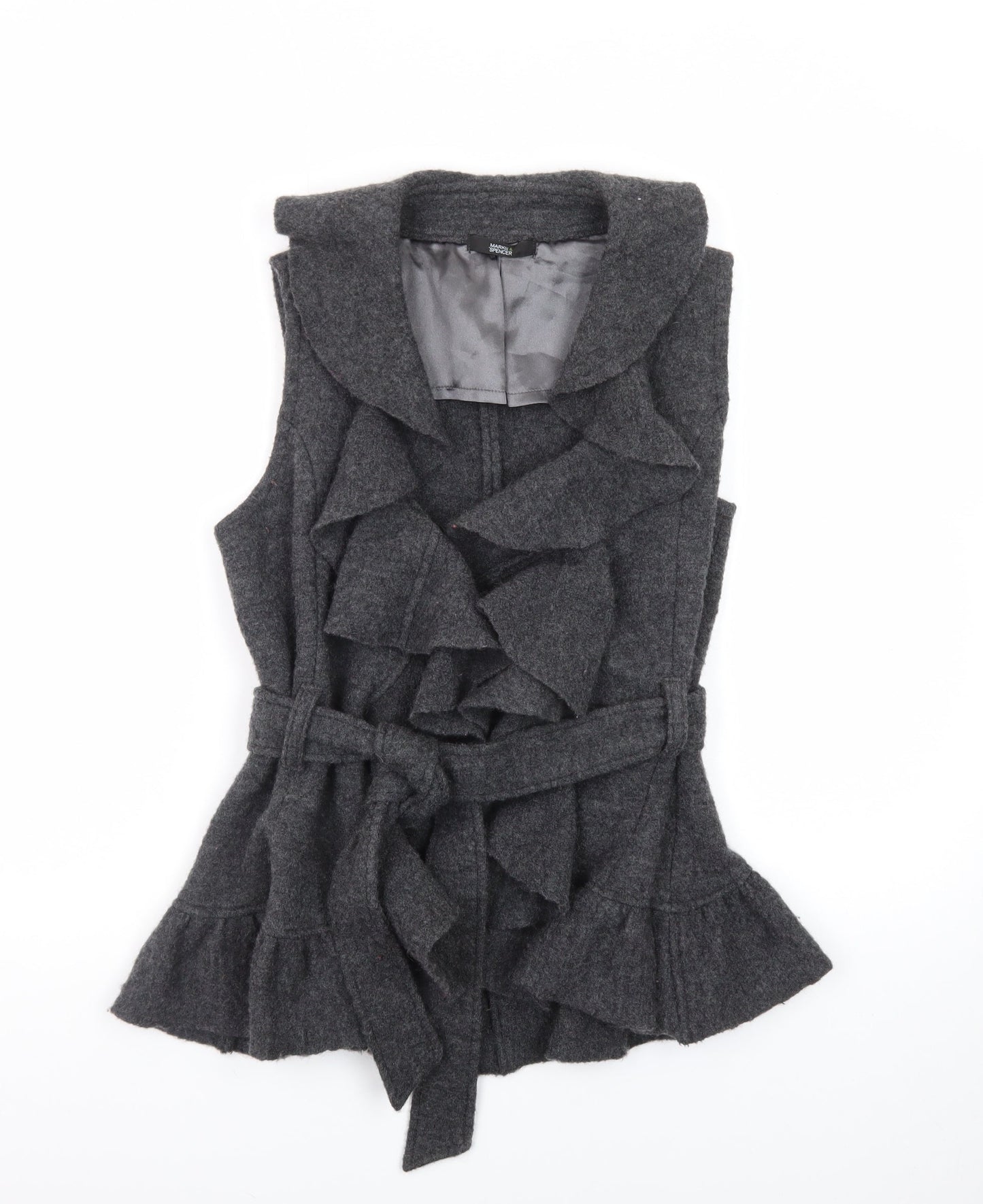 Marks and Spencer Women Grey Wool Ruffle Belted Sleeveless Vest Jumper Size 14