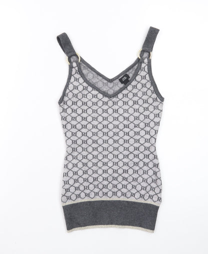 River Island Women Grey Knit Geometric Tank Top Size 6 V-Neck