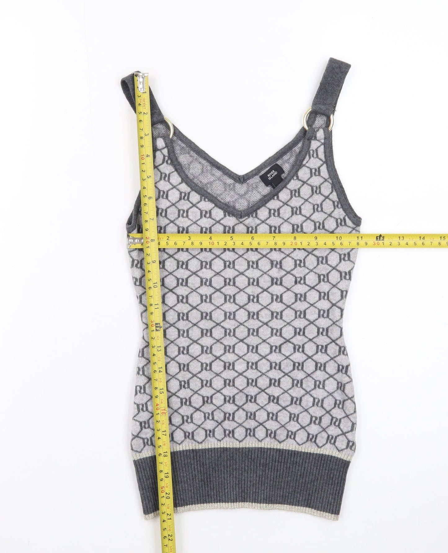 River Island Women Grey Knit Geometric Tank Top Size 6 V-Neck