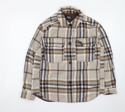 Zara Men's Beige Checked Flannel Button-Up Shirt Size M