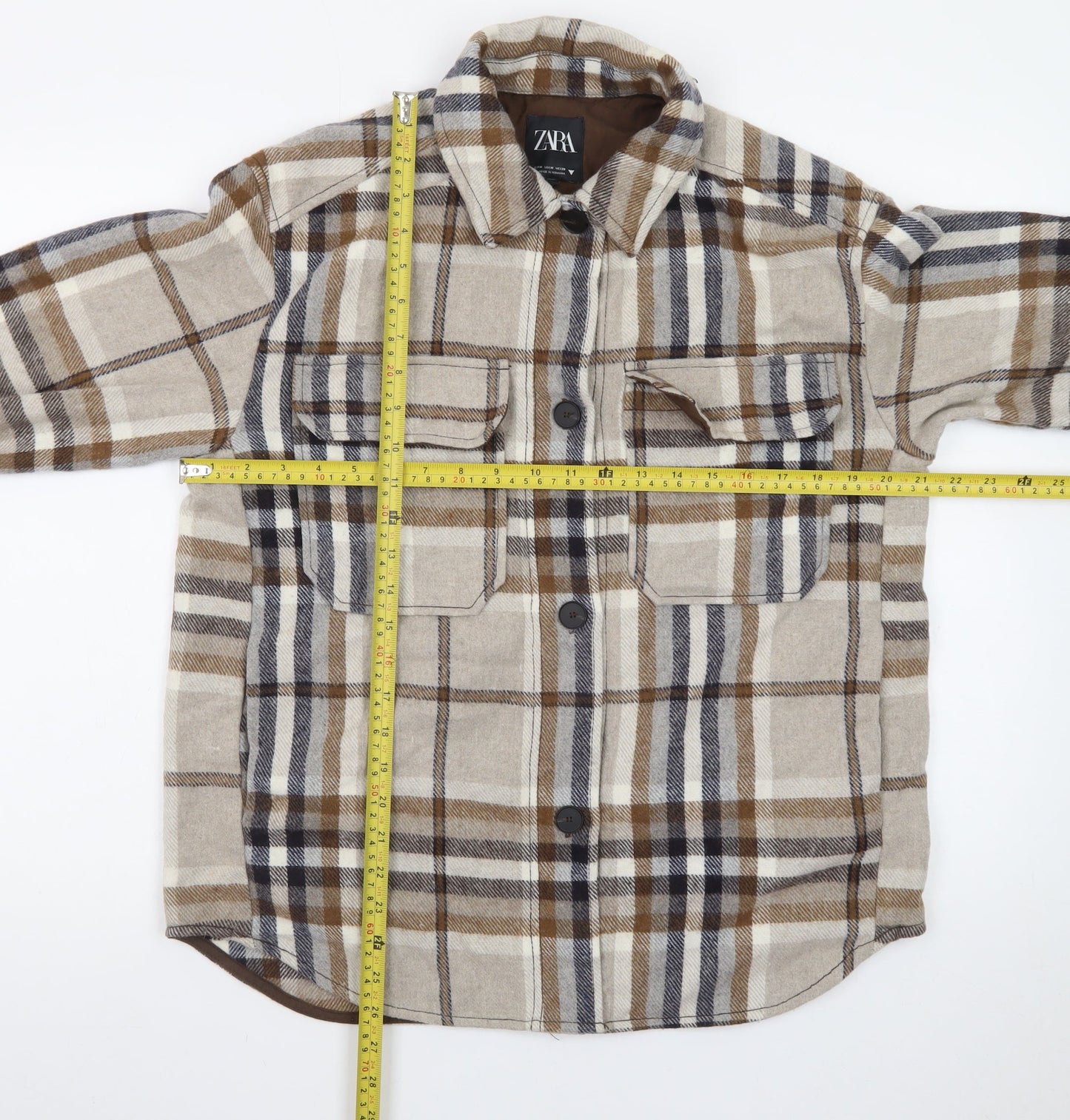 Zara Men's Beige Checked Flannel Button-Up Shirt Size M